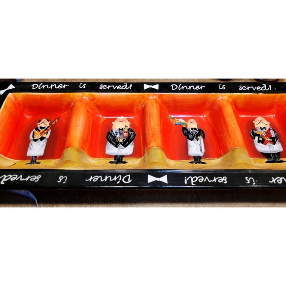 Hand Painted Ceramic Divided Serving Platter 4 Sections Dinner is Served - Picture 3 of 5